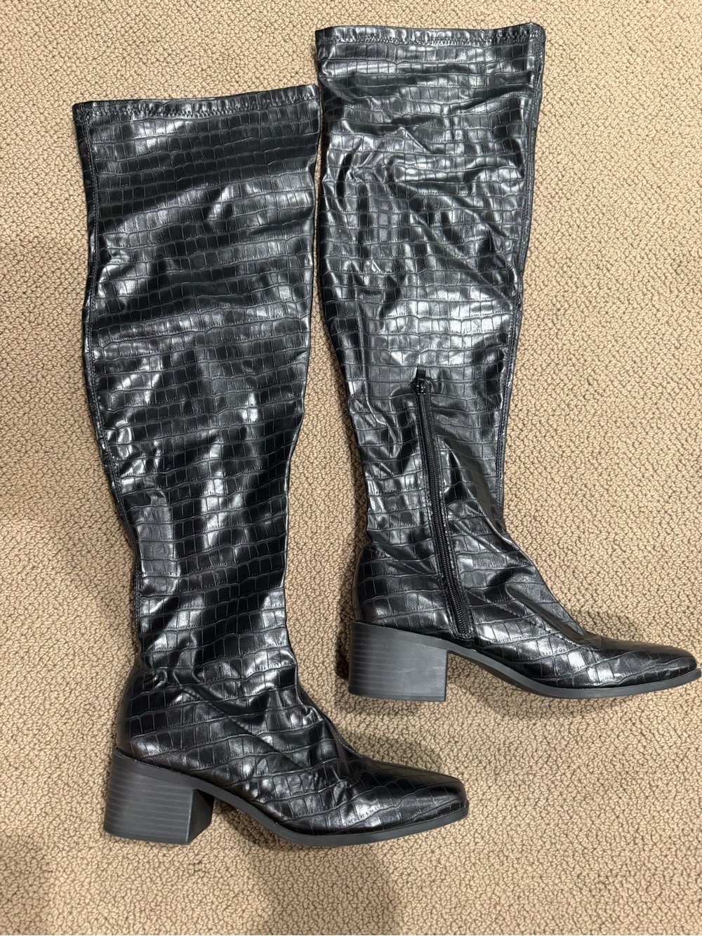 Black Croc-Embossed Knee-High Block Heel Boots